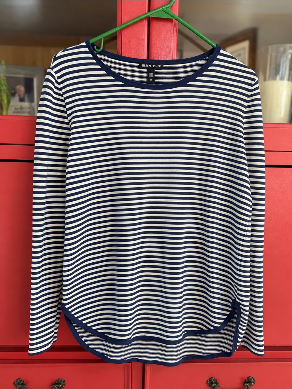 Eileen Fisher Navy & White Striped Long Sleeve Crew. Organic Cotton Linen blend